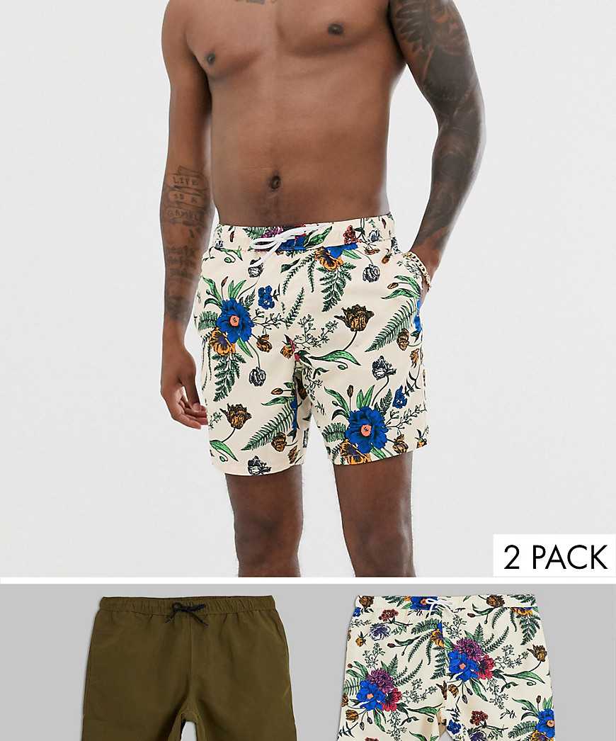 ASOS DESIGN – 2-pack mellanlånga blommiga och kakifärgade badshorts, spara-Flerfärgad