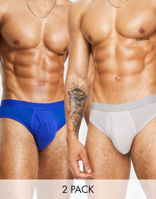 ASOS DESIGN 2 pack mesh briefs in navy and grey