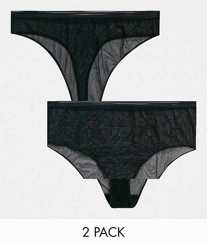 ASOS DESIGN 2 pack mesh high waist brazilian panty & thong with filament elastic in black