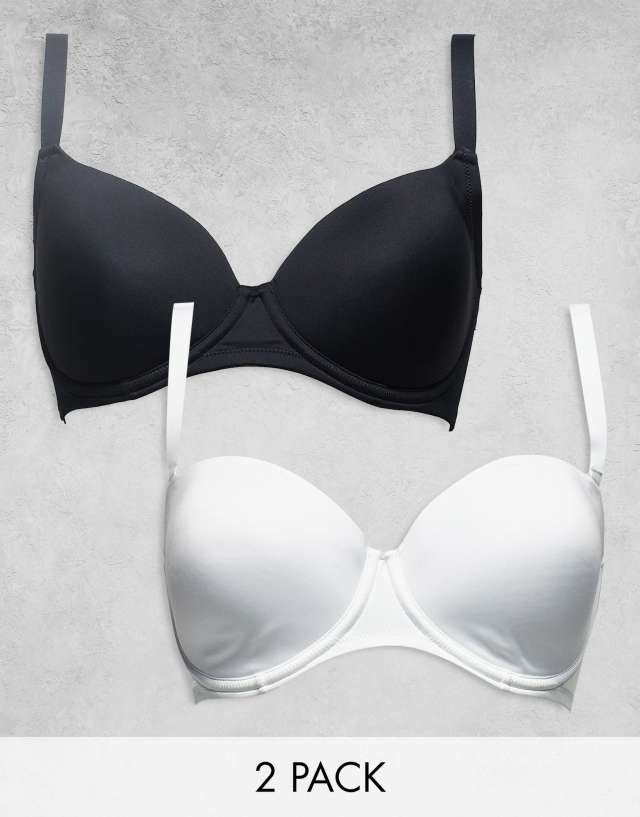 ASOS DESIGN 2 pack microfiber molded t-shirt bra in black & white