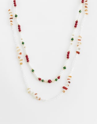 Asos Design 2 Pack Mixed Beaded Stone Necklace In Multi