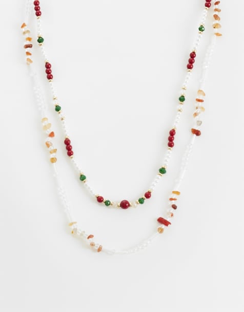 ASOS DESIGN 2 pack mixed beaded stone necklace in multi