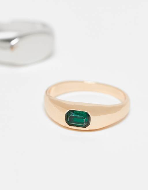 ASOS DESIGN 2 pack mixed metals signet ring with faux emerald stone in multi - SILVER, 2 of 3