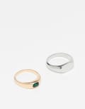 [ASOS DESIGN] ASOS DESIGN 2 pack mixed metals signet ring with faux emerald stone in multi-Silver S-M SILVER