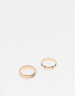 ASOS DESIGN 2 pack molten and ribbed band rings in gold