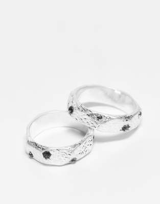 2 pack molten ring set with crystals in silver tone