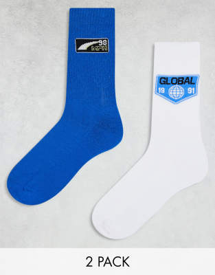 ASOS DESIGN 2 pack motorsport embroidery sock in blue and white-Multi