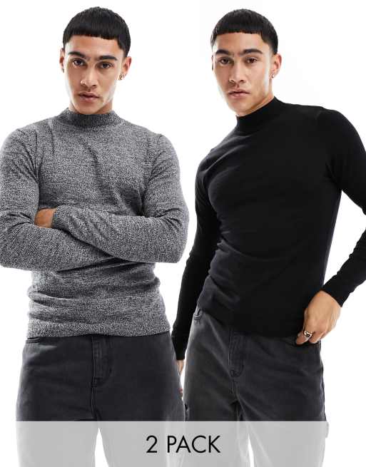 ASOS DESIGN 2 pack muscle fit knit essential turtle neck sweater in black &  gray twist