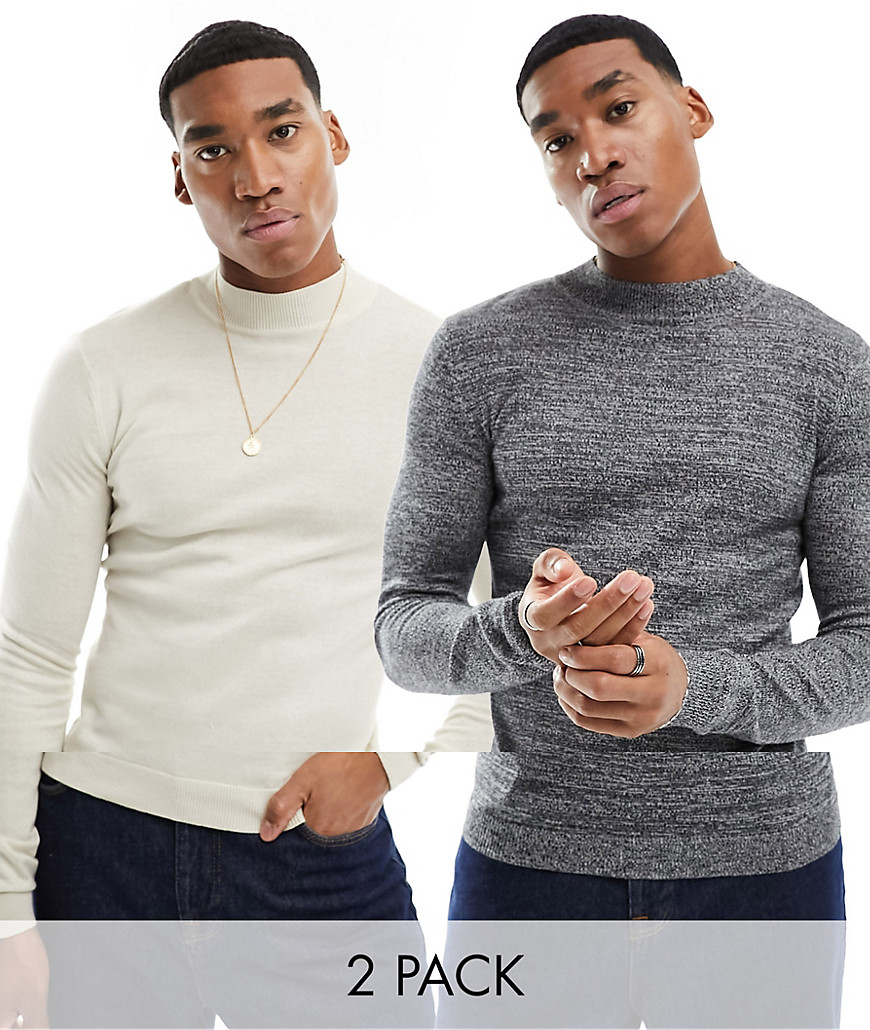 ASOS DESIGN 2 pack muscle fit knitted essential turtle neck jumper in tan & oatmeal-Multi