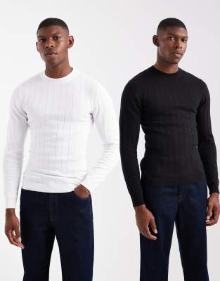 ASOS DESIGN ASOS DESIGN 2 pack muscle fit knitted rib t-shirts in black and off white-Multi