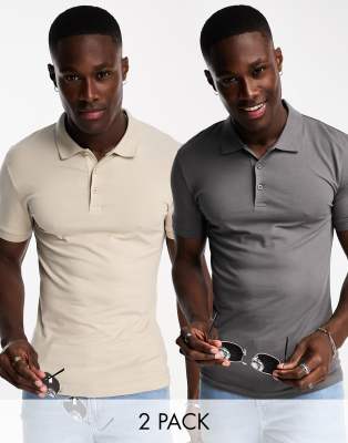 ASOS DESIGN 2 pack muscle fit polo in stone and gray