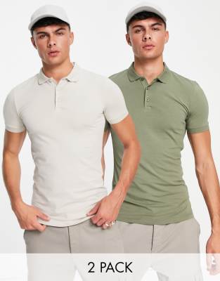 ASOS DESIGN 2 pack muscle fit polo in stone and khaki