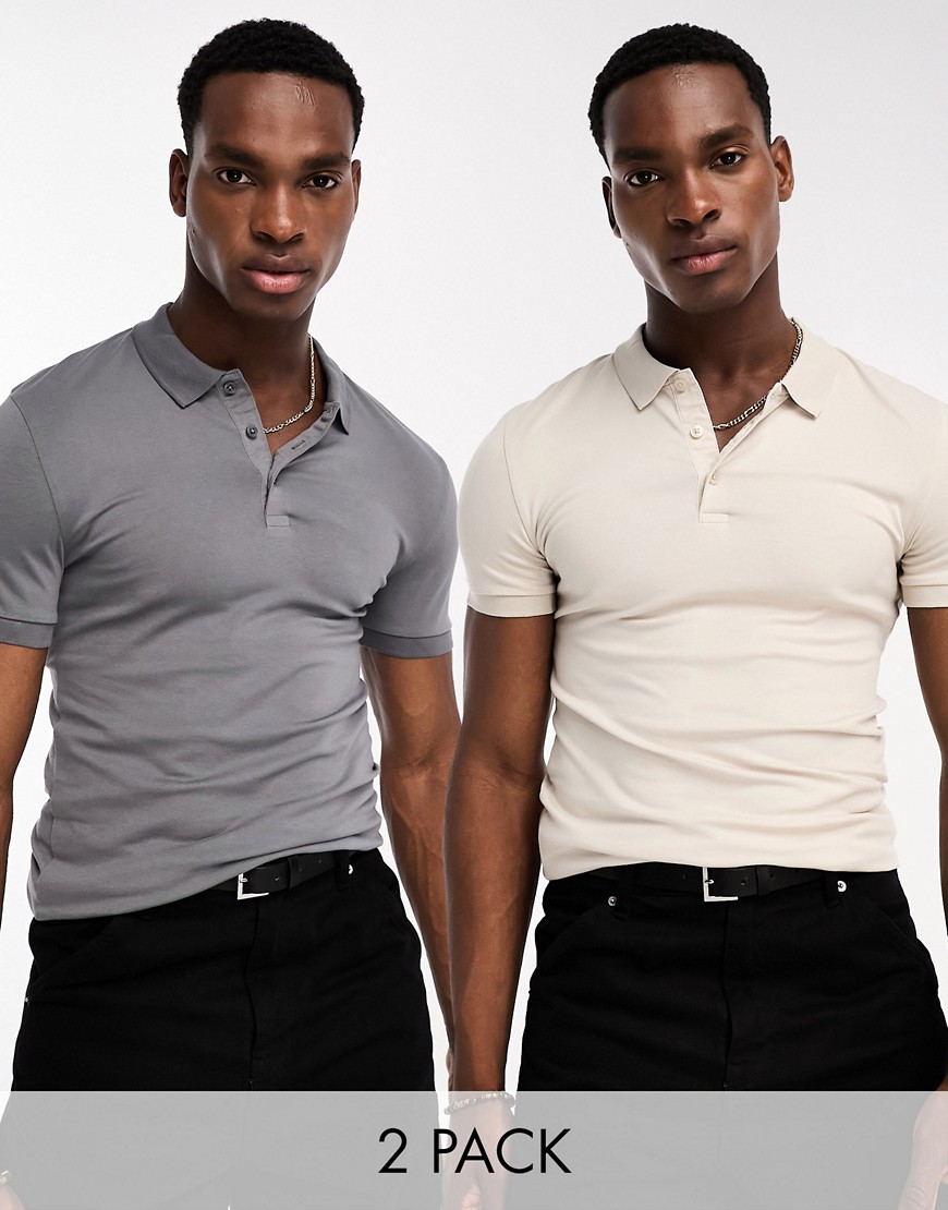 ASOS DESIGN 2 pack muscle fit polo shirt in stone and grey-Multi