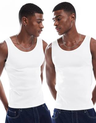 Asos Design 2 Pack Muscle Fit Rib Knit Tank Tops In White