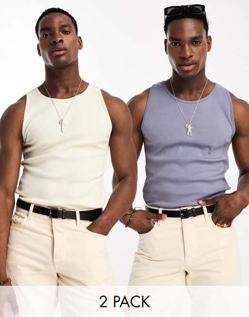ASOS DESIGN 2 pack muscle fit rib singlet with crew neck in washed grey and ecru