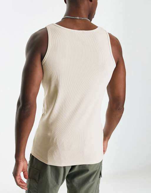 ASOS DESIGN 2 pack muscle fit rib singlet with square neck in white and  khaki