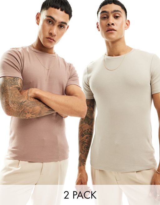 FhyzicsShops DESIGN 2 pack muscle fit rib t-shirt in stone and brown