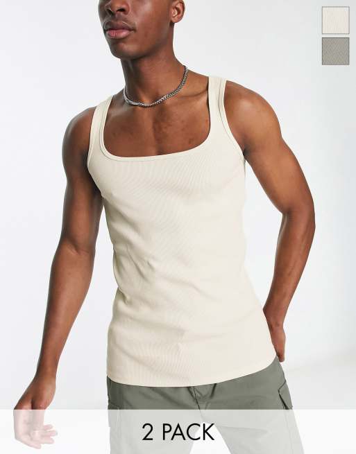 ASOS DESIGN 2 pack muscle fit rib tank top with square neck in white and  khaki