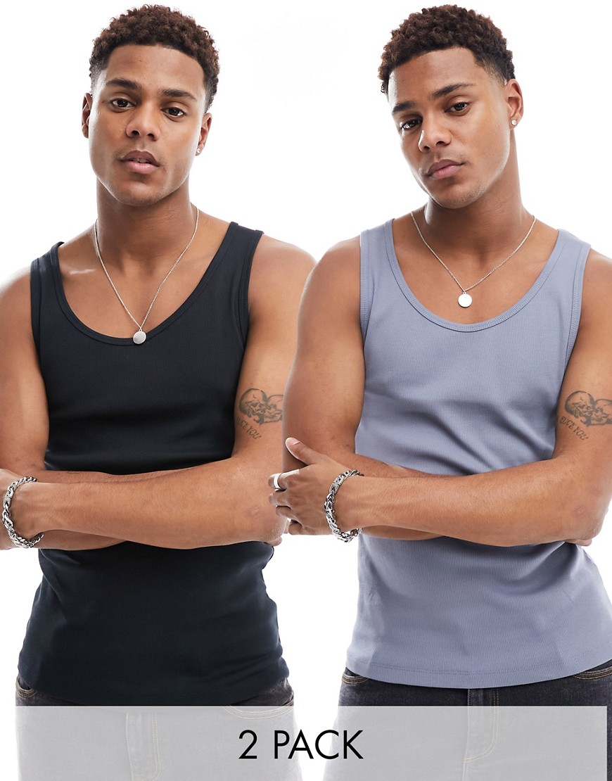 ASOS DESIGN 2 pack muscle fit rib vest in grey and black-Multi