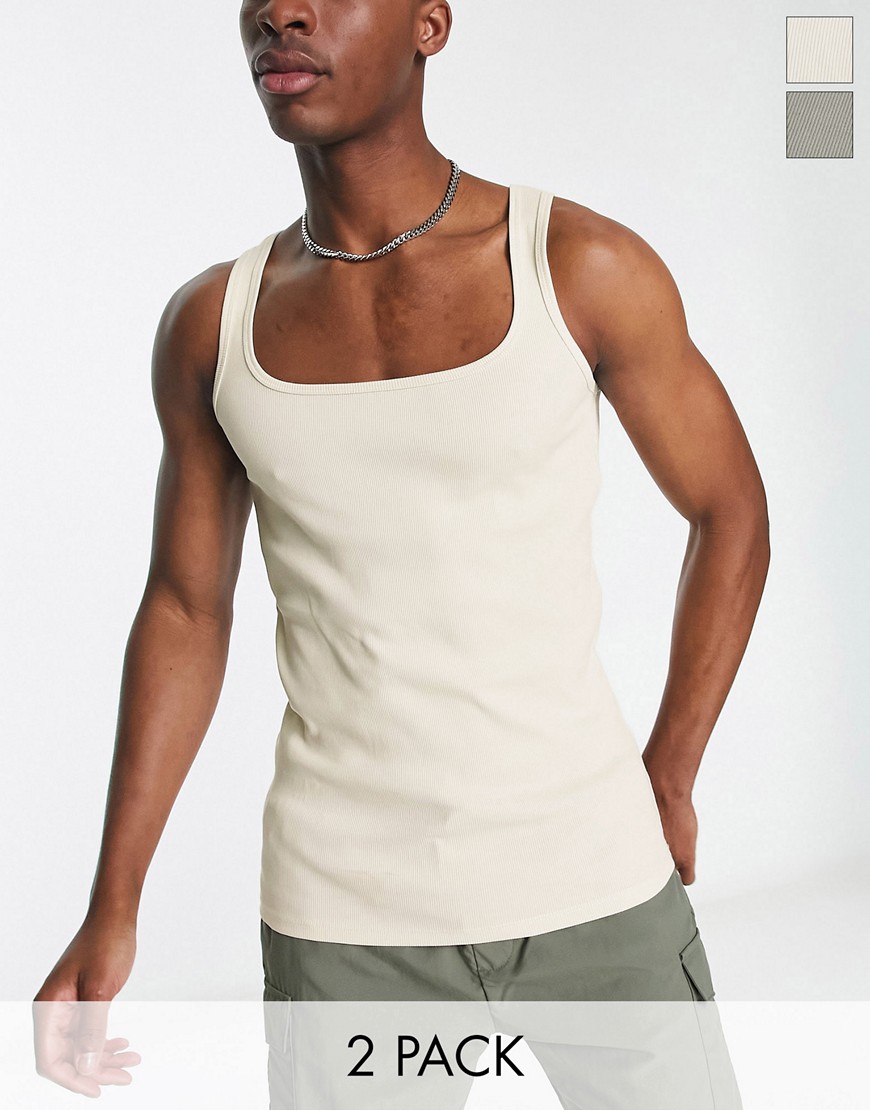 ASOS DESIGN 2 pack muscle fit rib vest with square neck in white and khaki-Multi