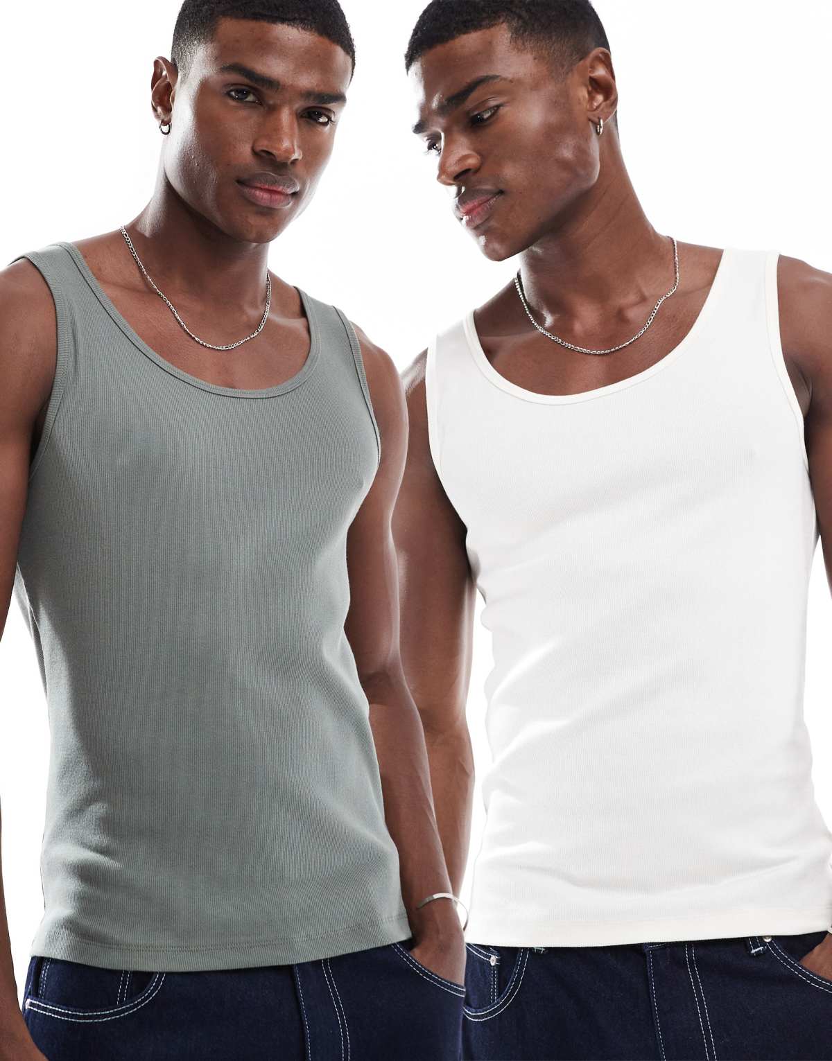 ASOS DESIGN 2 pack muscle fit rib vests in cream and khaki