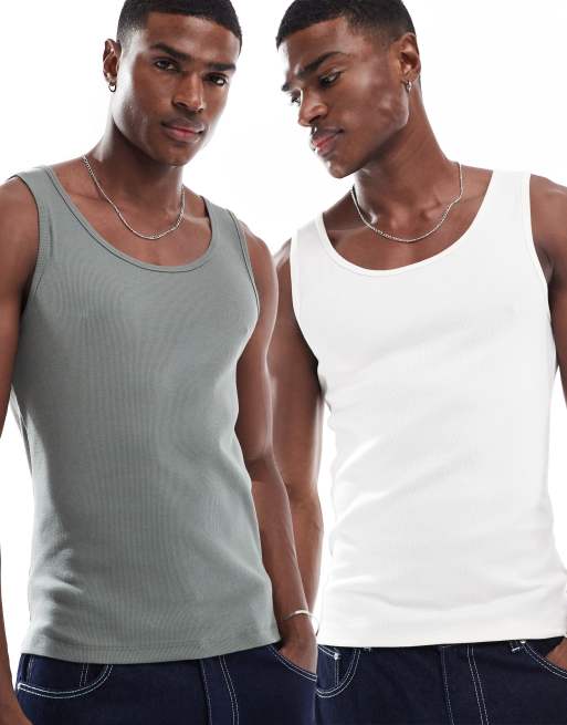 ASOS DESIGN 2 pack muscle fit rib vests in cream and khaki