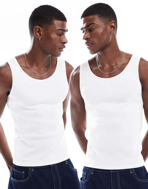 ASOS DESIGN 2 pack muscle fit rib vests in white - view 1