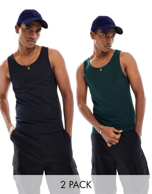 ASOS DESIGN 2 pack muscle fit singlets in black and dark green