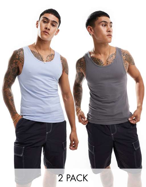 ASOS DESIGN 2 pack muscle fit singlets in light blue and charcoal