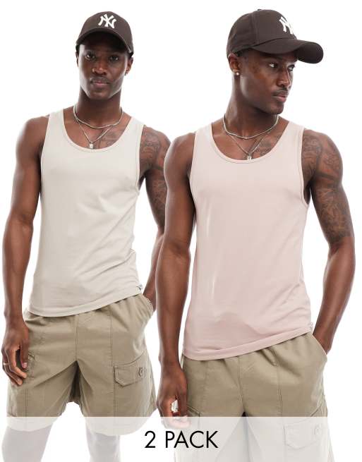 ASOS DESIGN 2 pack muscle fit singlets in pink and stone