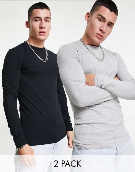 ASOS DESIGN - 2 pack muscle-fit t-shirt met lange mouwen in multi - MULTI