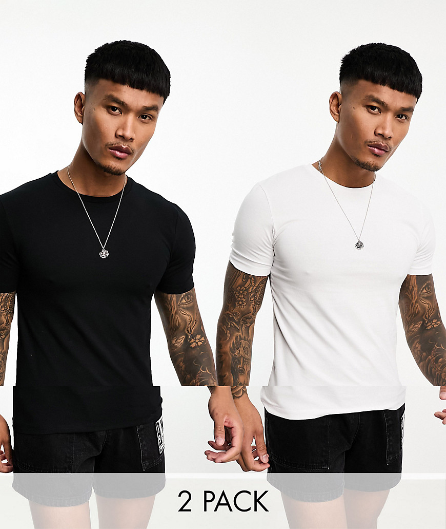 ASOS DESIGN 2 pack muscle fit t-shirt with crew neck in black and white-Multi