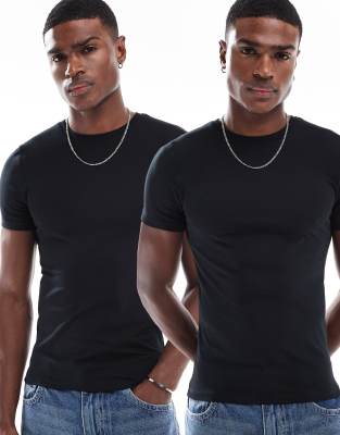 ASOS DESIGN 2 pack muscle fit t-shirt with crew neck in black