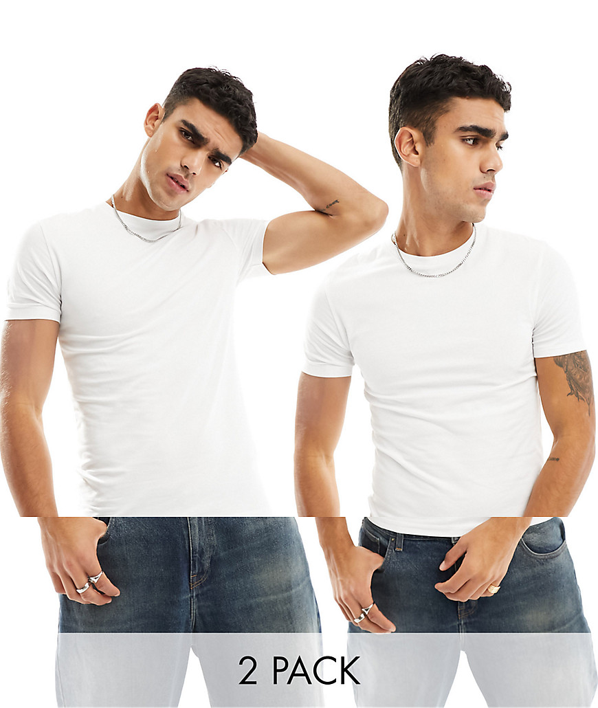 ASOS DESIGN 2 pack muscle fit t-shirt with crew neck in white