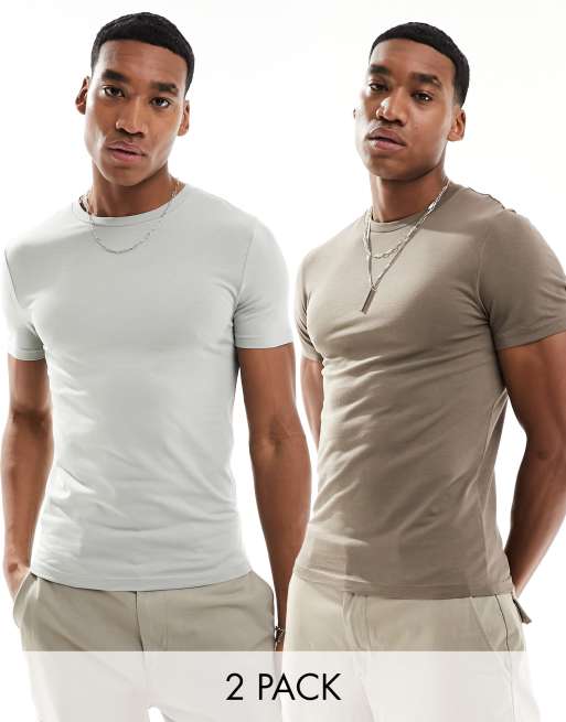 ASOS DESIGN 2 pack muscle fit t-shirts in gray and brown