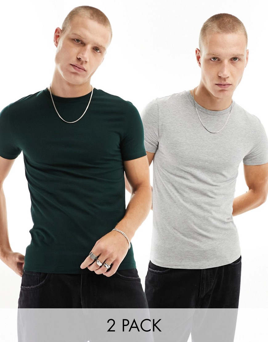 ASOS DESIGN 2 pack muscle fit t-shirts in green and grey marl-Multi