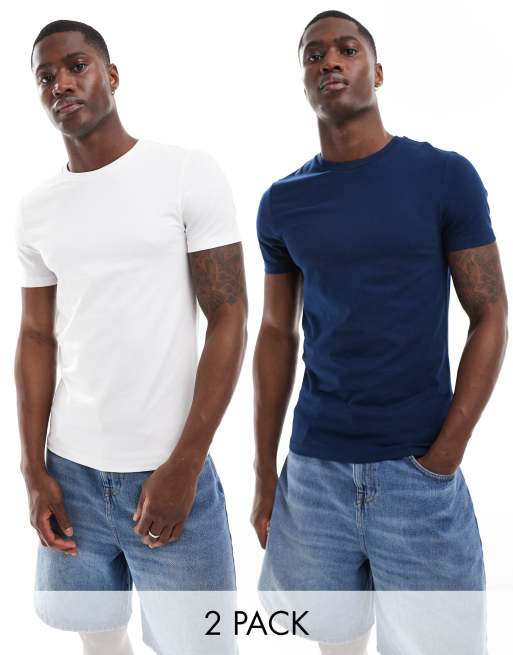 ASOS DESIGN 2 pack muscle fit T shirts in white and navy ASOS