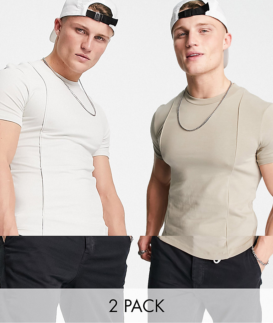ASOS DESIGN 2 pack muscle fit t-shirts with pinktucks in beige - part of a set-Multi