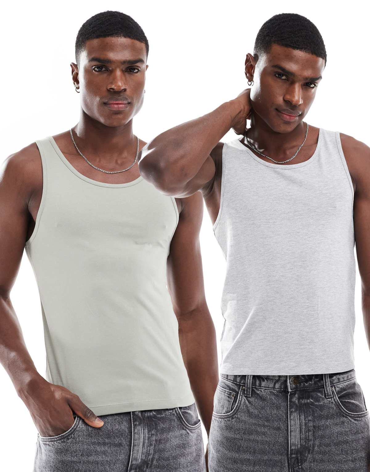 ASOS DESIGN 2 pack muscle fit vest in grey and green
