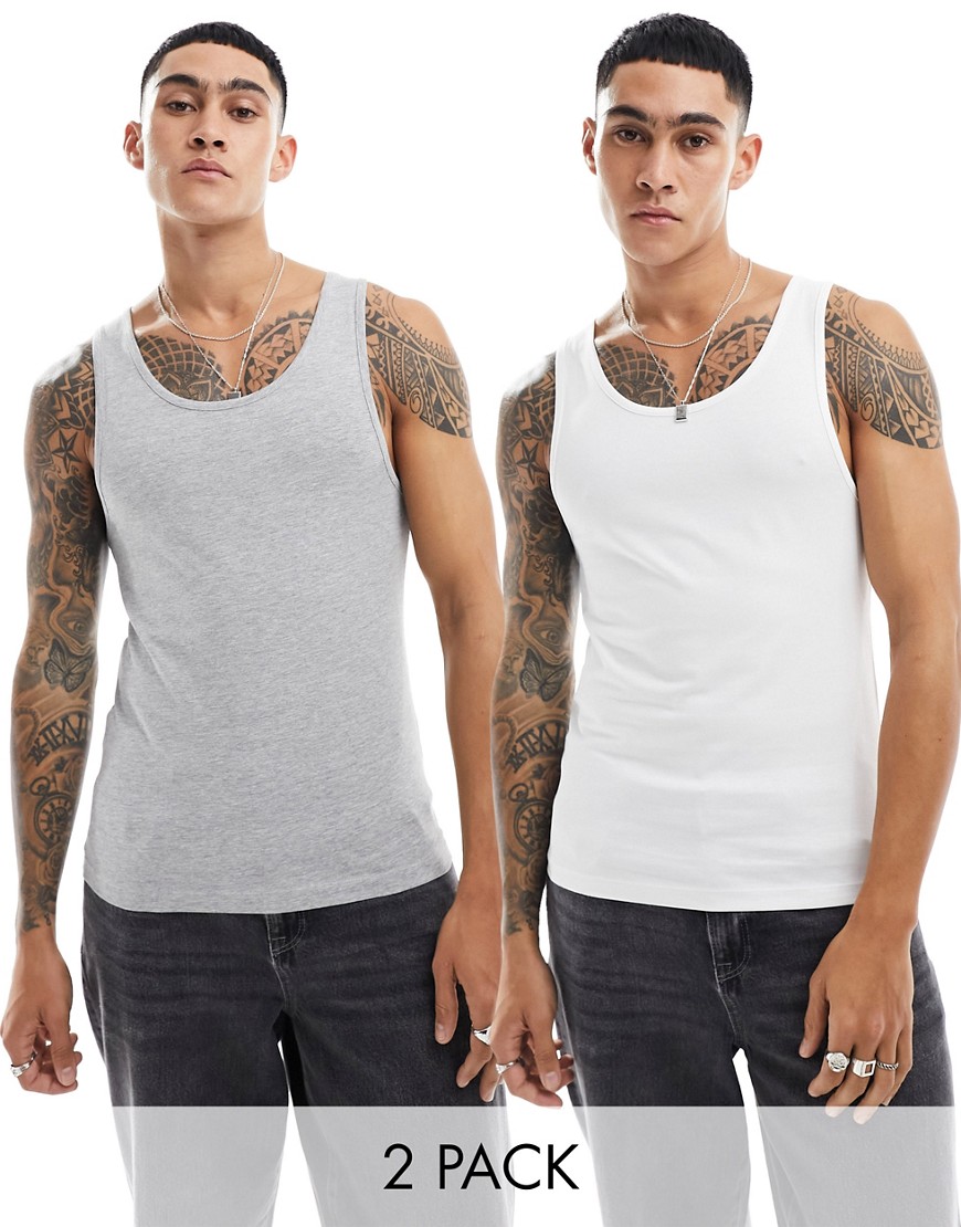 ASOS DESIGN 2 pack muscle fit vest in white and grey marl-Multi