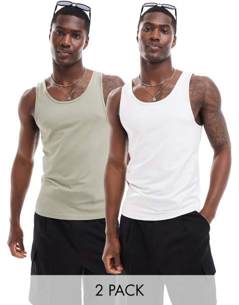 ASOS DESIGN 2 pack muscle fit vests in khaki and grey - view 1