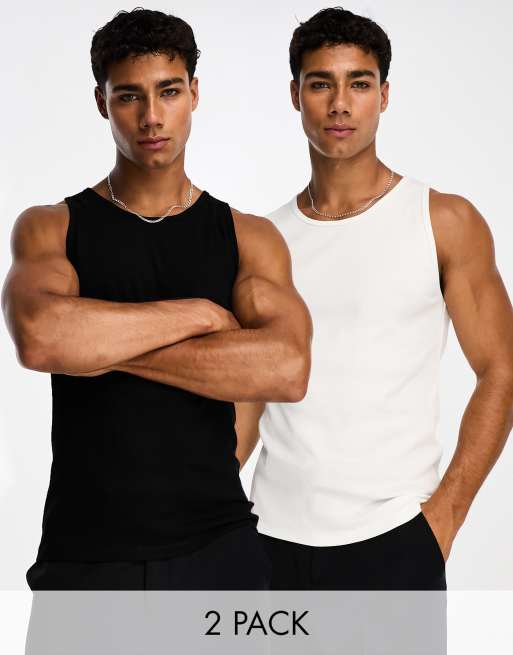 ASOS DESIGN 2 pack muscle rib singlet with crew neck in black and white