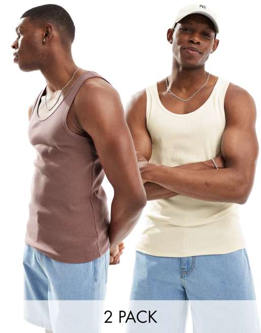 ASOS DESIGN 2 pack muscle rib singlets in pink and cream