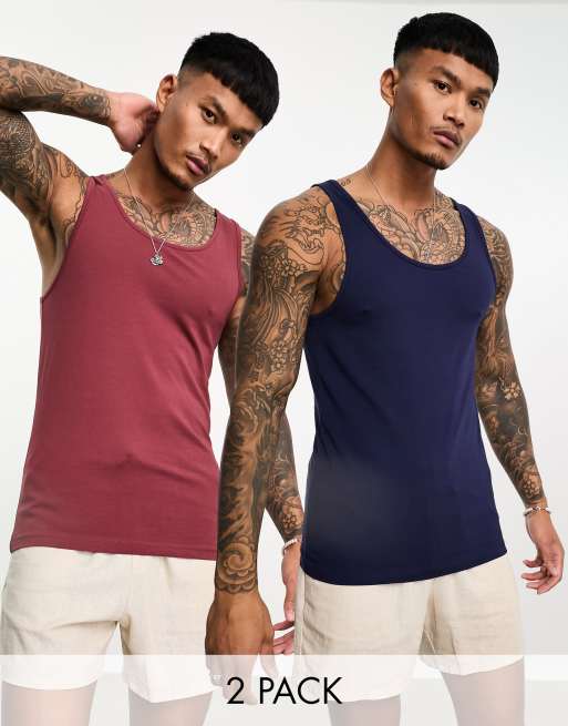 ASOS DESIGN 2 pack muscle singlet with crew neck in navy and burgundy