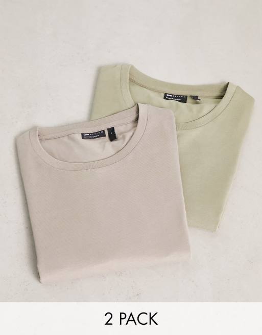 ASOS DESIGN 2 pack muscle t-shirt with crew neck in washed pink and khaki