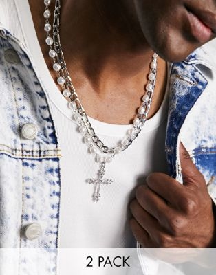 ASOS DESIGN 2 pack of neck chains with faux pearls and cross pendant in silver tones - ASOS Price Checker