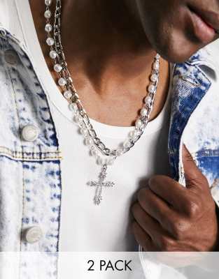 ASOS DESIGN 2 pack of neck chains with faux pearls and cross pendant in silver tones - ASOS Price Checker