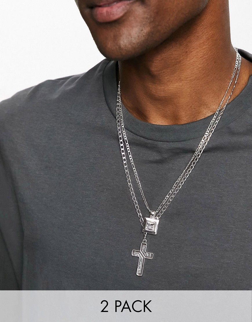 ASOS DESIGN 2 pack necklace set with crystal cross and square pendant in silver plate