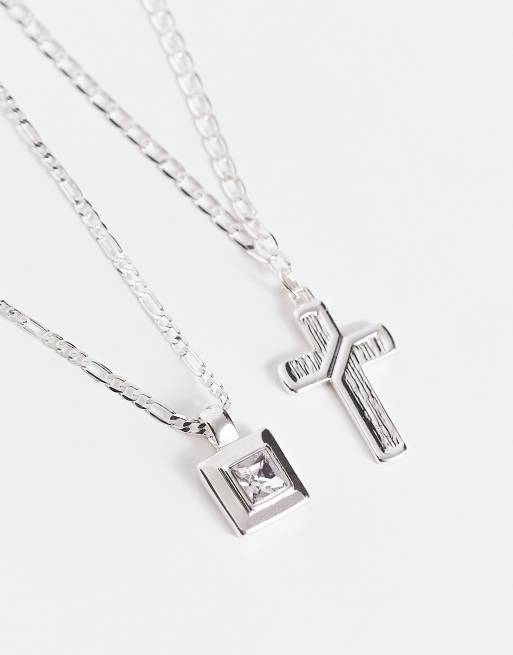 ASOS DESIGN 2 pack necklace set with crystal cross and square pendant in silver plate, 3 of 4
