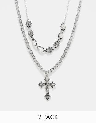 2 pack necklace set with large cross in burnished silver